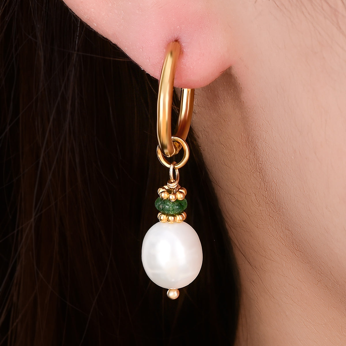 Pendientes de aro Golden Grace Pearl y Green Agate