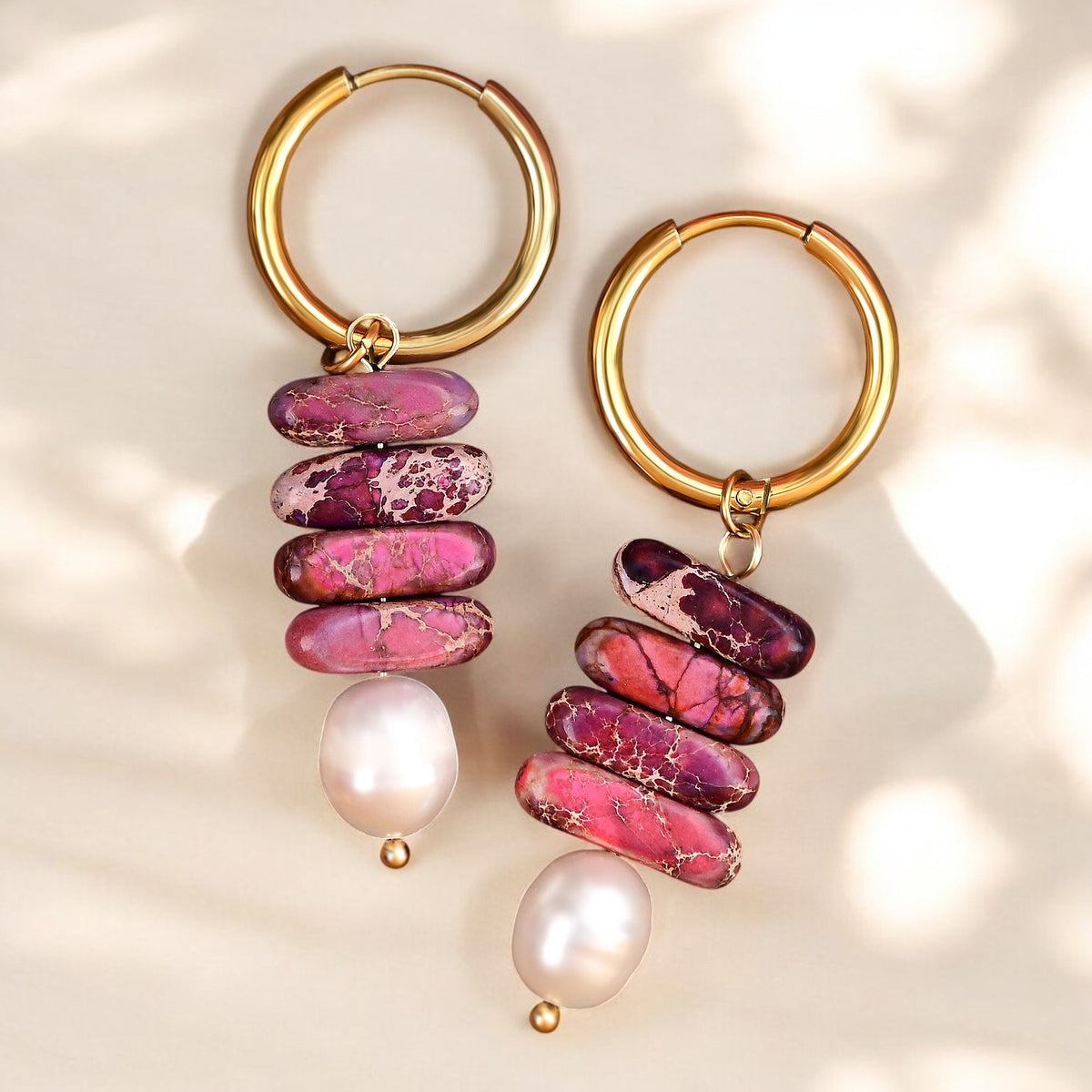 Pendientes de aro Ocean Bliss Pearl y Jaspe Magenta