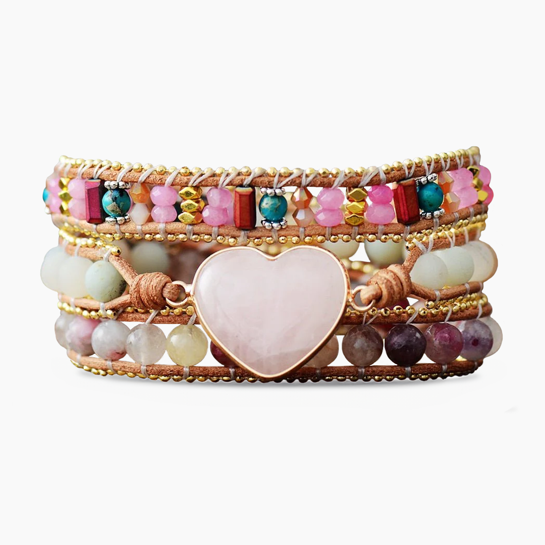 Pulsera envolvente de corazón de cuarzo rosa soñador