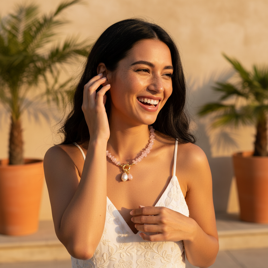 Collar con colgante de cuarzo rosa