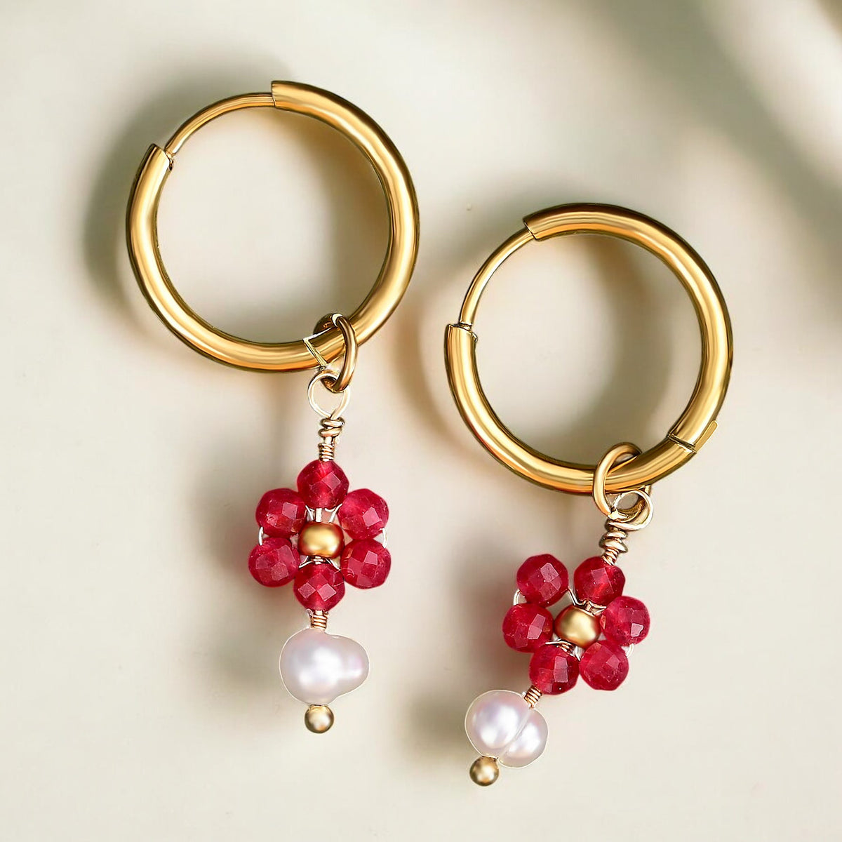 Pendientes de aro de ágata y perla Golden Grace