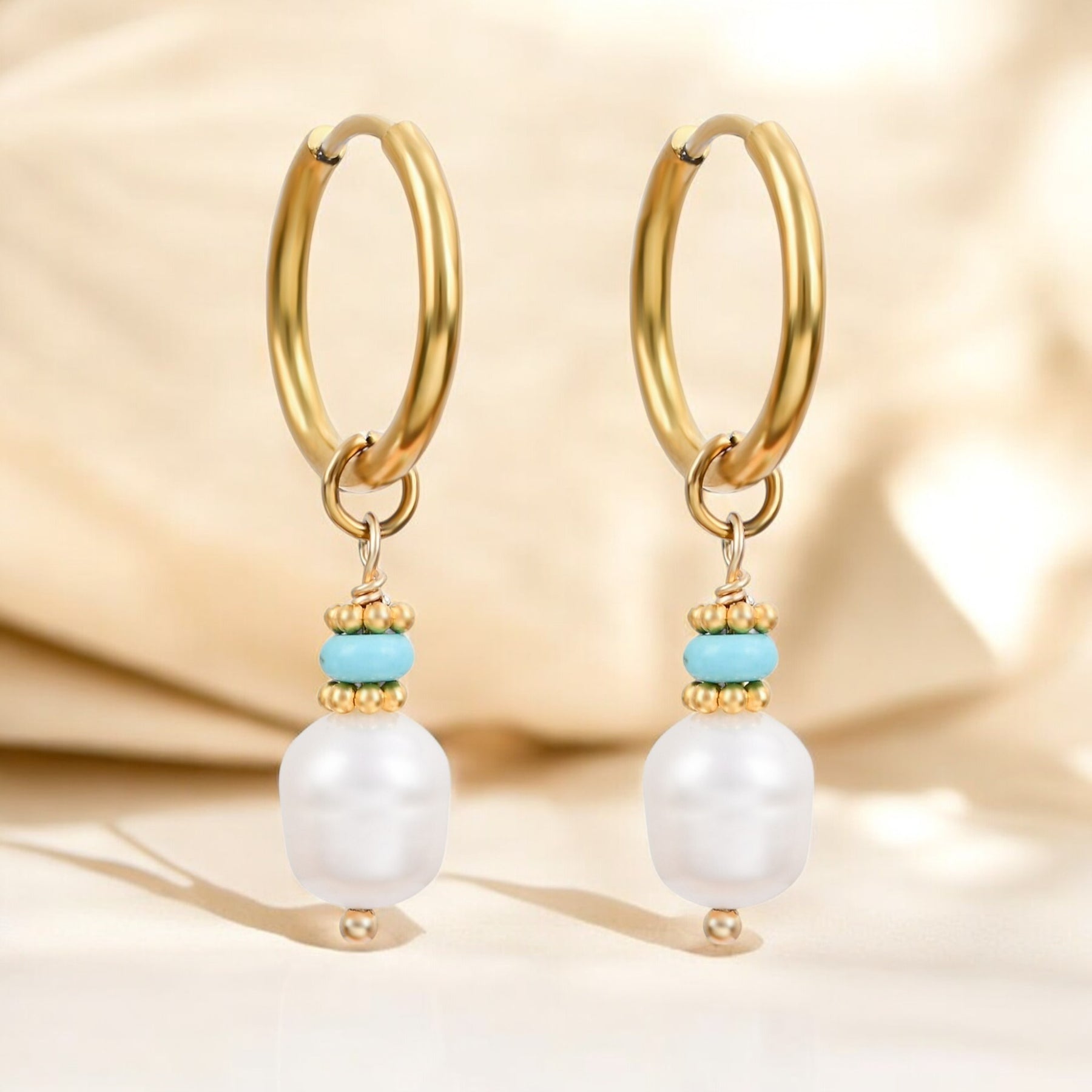 Pendientes de aro de ágata y perla Golden Grace