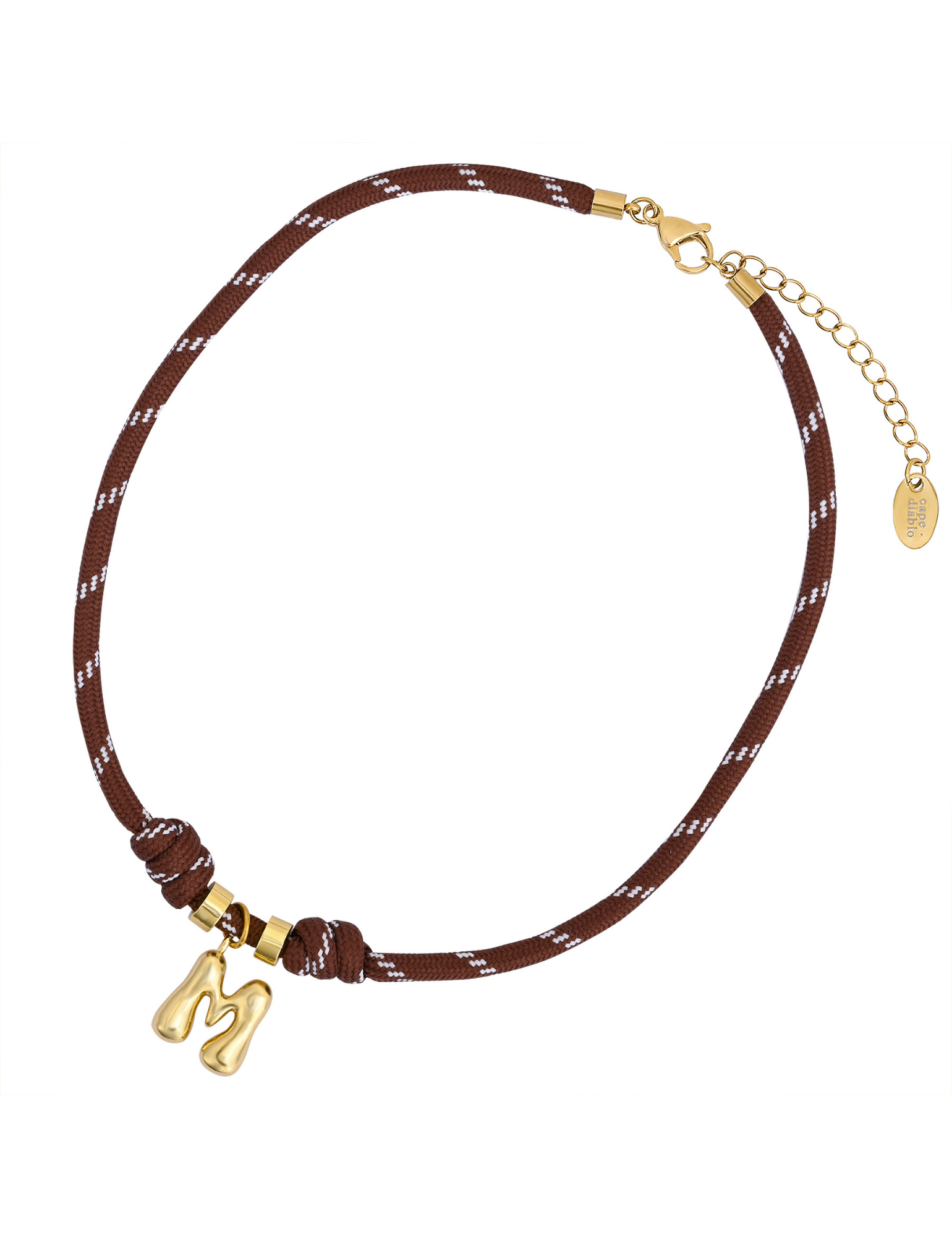 Collar de cuerda con letras burbuja doradas