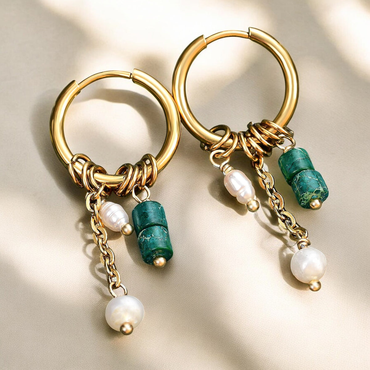 Pendientes de aro de ágata y perla Golden Grace