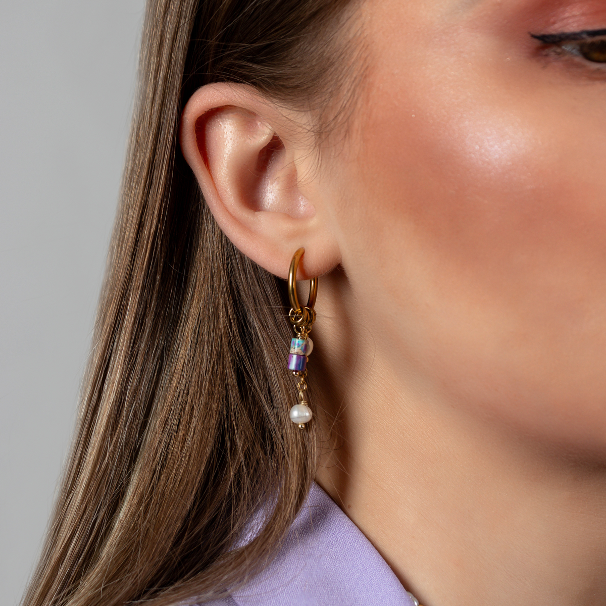 Pendientes de aro de ágata y perla Golden Grace