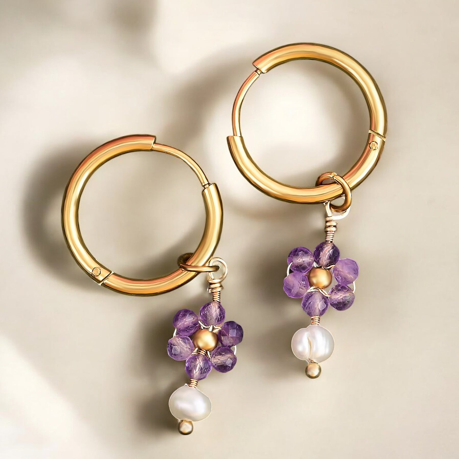 Pendientes de aro de ágata y perla Golden Grace