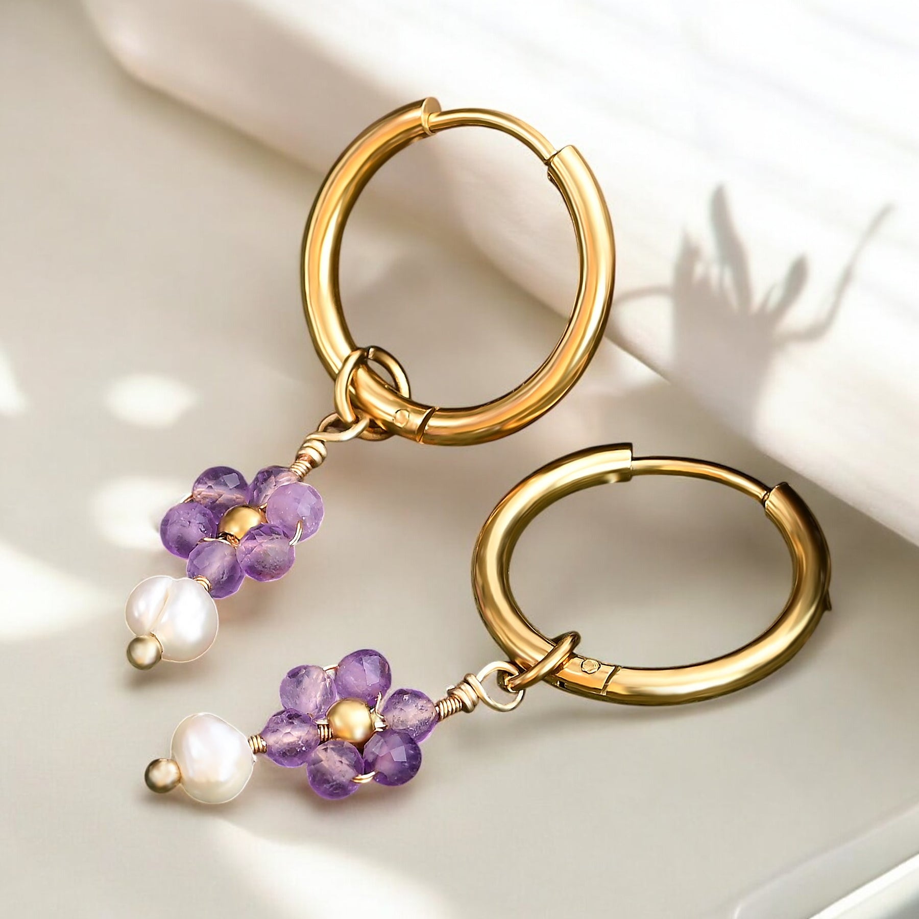 Pendientes de aro de ágata y perla Golden Grace
