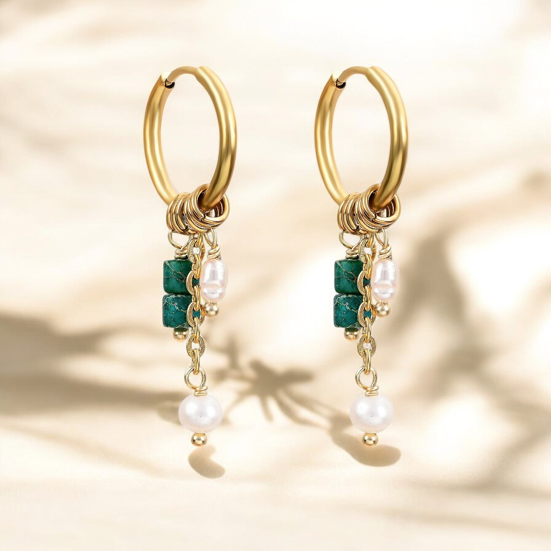 Pendientes de aro de ágata y perla Golden Grace