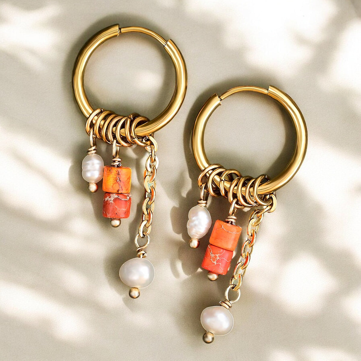 Pendientes de aro de ágata y perla Golden Grace
