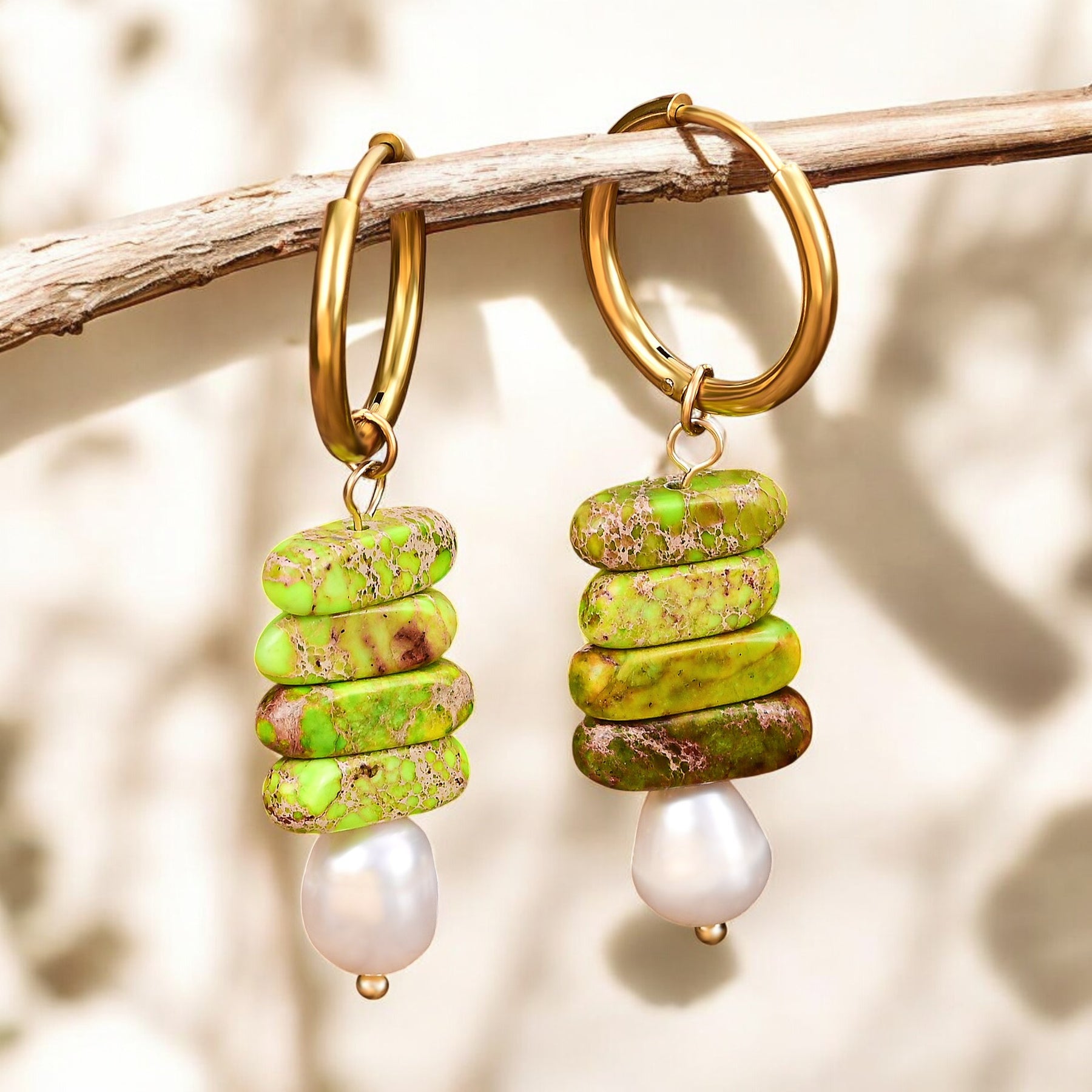 Pendientes de aro Ocean Bliss con perla y jaspe verde