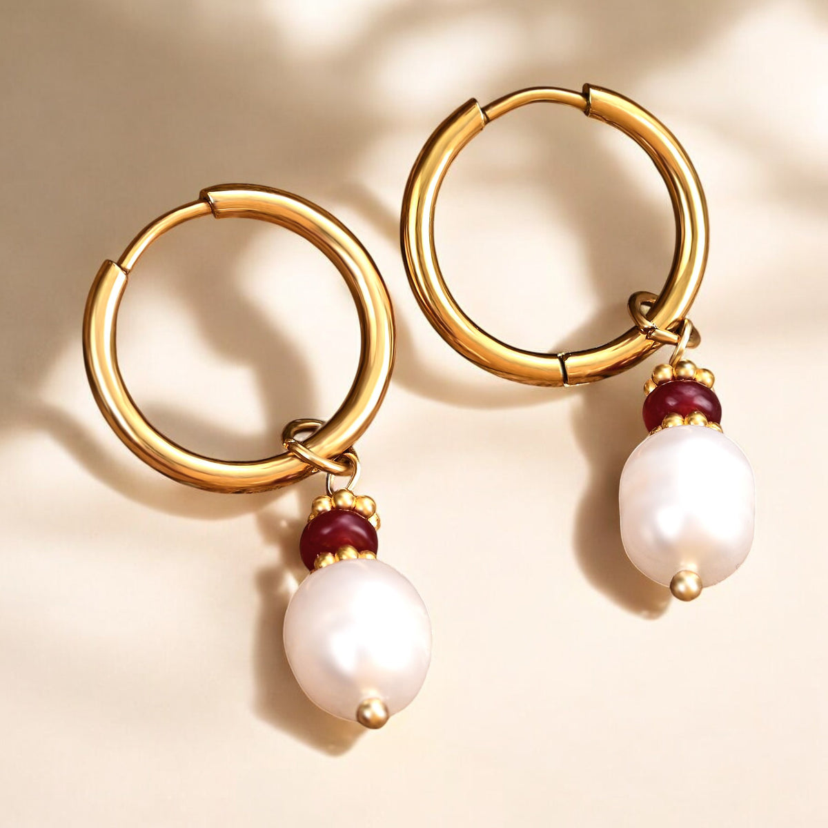 Pendientes de aro de ágata y perla Golden Grace