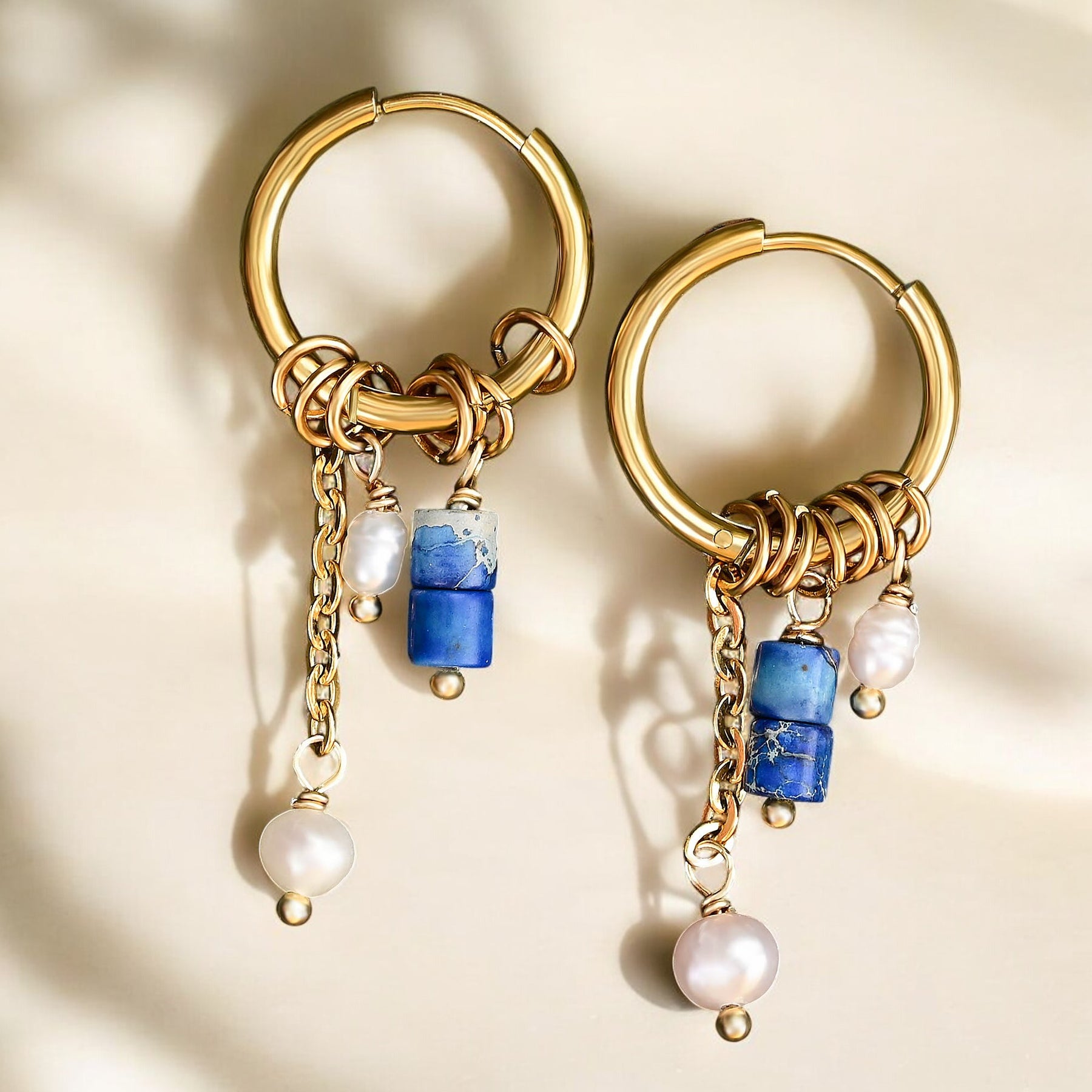 Pendientes de aro de ágata y perla Golden Grace