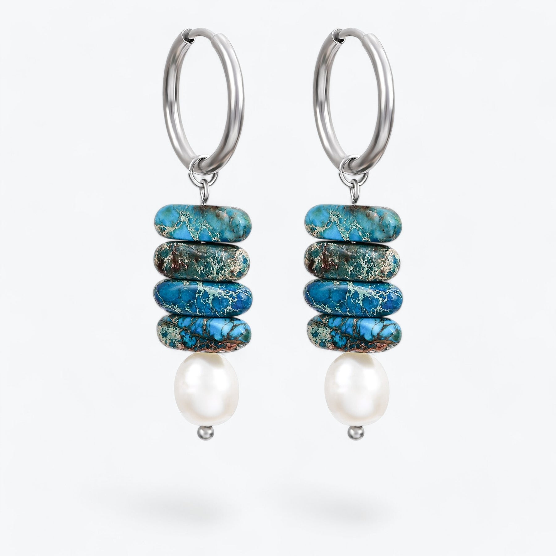 Pendientes colgantes de aro con perla y jaspe azul Ocean Bliss