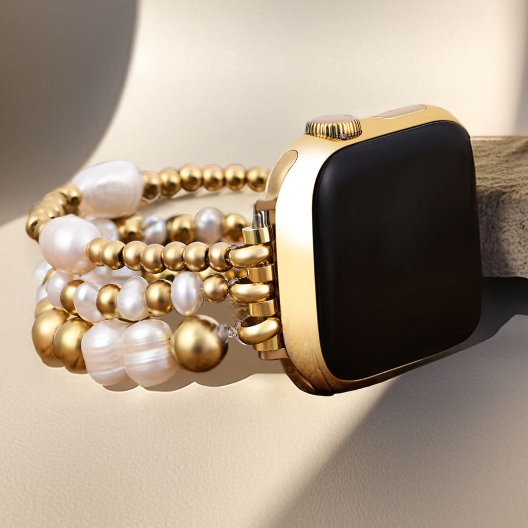 Correa elástica de perlas de agua dulce doradas para Apple Watch
