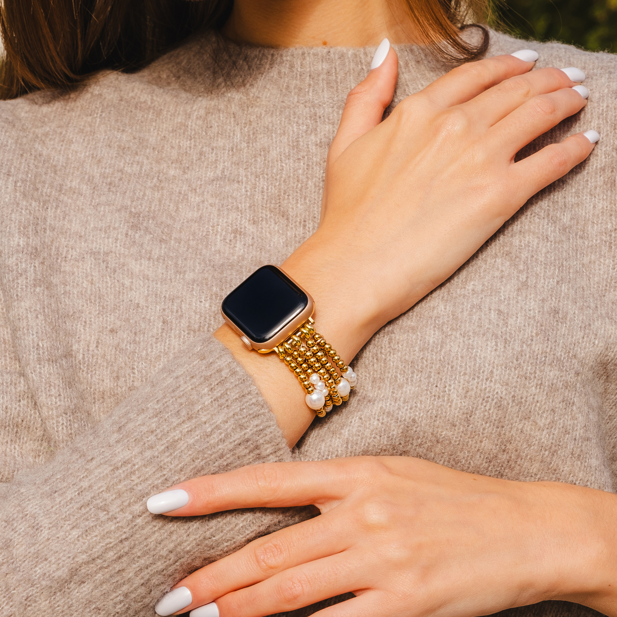 Correa elástica de oro y perla para Apple Watch