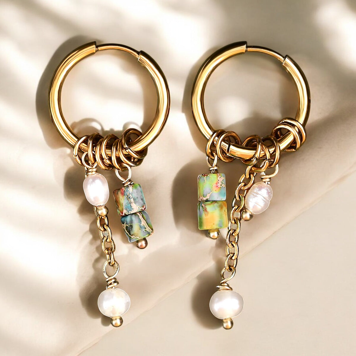 Pendientes de aro de ágata y perla Golden Grace