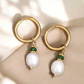 Pendientes de aro de perla dorada y gracia con ágata verde