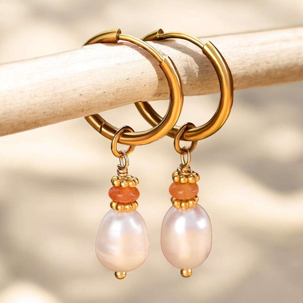 Pendientes de aro de ágata y perla Golden Grace