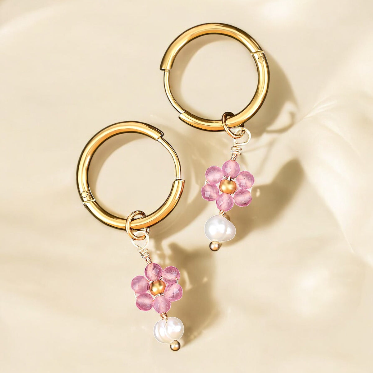 Pendientes de aro de ágata y perla Golden Grace