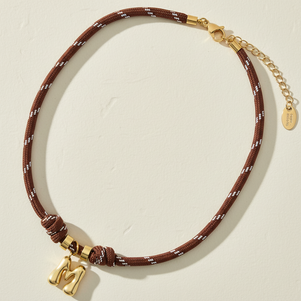 Collar de cuerda con letras burbuja doradas