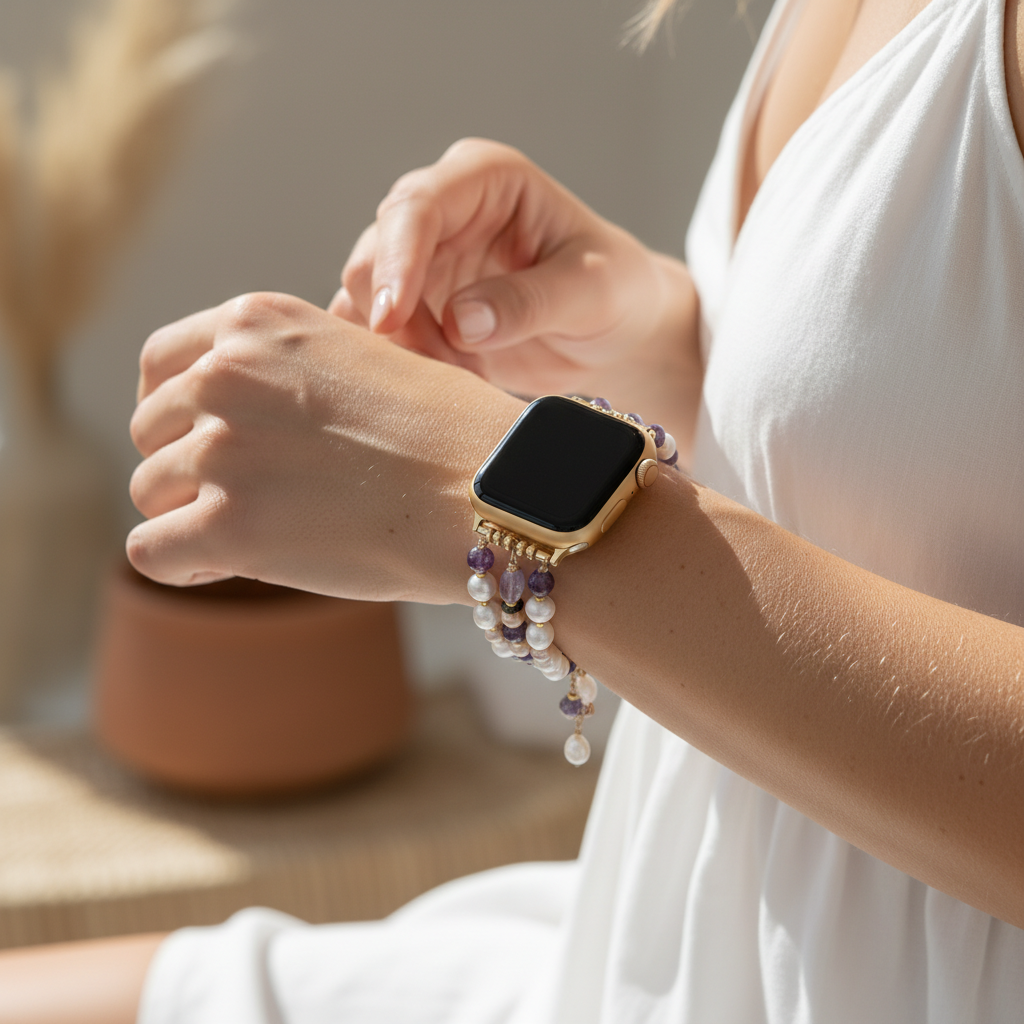 Correa elástica para Apple Watch con racimo de perlas amatista