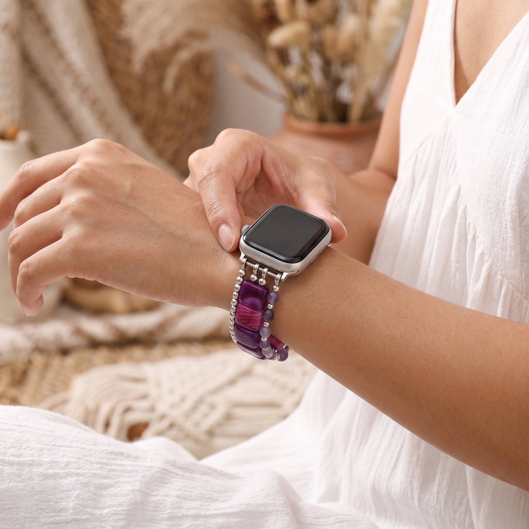 Correa elástica para Apple Watch de ágata Hora Dorada, plateada